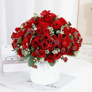 Flores decorativas 1 pçs 6 cabeça rosa buquê de seda artificial flor de casamento nupcial nordic sala estar mesa decoração para casa falso