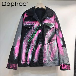 Осенняя джинсовая куртка в стиле хип-хоп, ручная роспись, граффити, женские модные свободные однобортные пальто AllMatch 240104