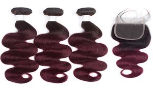 Modna dziewczyna Ombre Brazylijskie włosy 3 wiązki z koronkowym zamknięciem 1B99J Body Wave Human Hair Bundles Dwucie Ombre Brazylijskie ludzkie H8037913