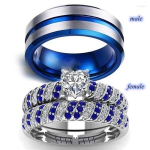 Cluster -Ringe Modepaar Frauen weißes Herz Strauchsteine Zirkon Ring Sets Herren Blau Edelstahl Ehering Band Schmuck Geschenk