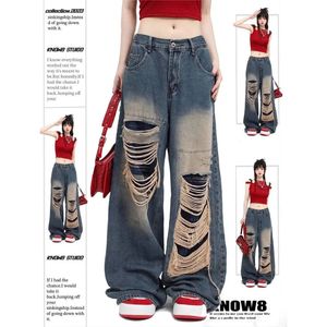 High Street American Style Ejressed Niche Yellow Mud Jeans Retro Blue Slimming Y2K Spicy Girl Pants Wide Leg 240104