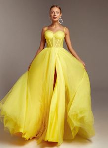 Elegante vestido de noite amarelo brilhante cintas de espaguete querida plissados a linha lodo tule formal vestidos de festa vestidos de baile para mulheres robe de soiree