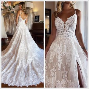 2024 avorio a linea abiti da sposa con cinturini spaghetti illusione appliques in pizzo perle abiti da sposa più taglie forti di dimensioni sweep vestido de nolia latena divisa aperta 0424