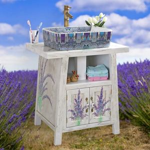 Bathroom Sink Faucets Pastoral Floor Solid Wood Cabinet Combination Hand Painted Lavender White As Old Wash Basin