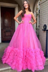 Fuchsia Long Prom Dresses Delicate Ruffles Flower A Line Evening Gowns Strapless Occasion Party Dress Tulle Fabric