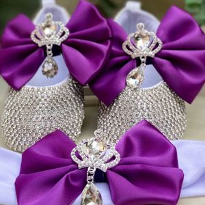 Dockbling Baby Girl Bling Custom Baptism Purple Bow Shoes With Crown Rhinestone Crystal Stone and pannband Set Chistenings Gift 240105