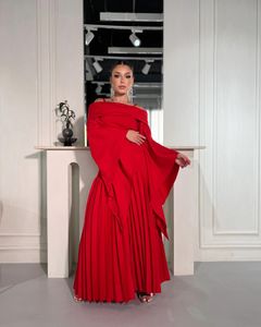 Elegante longo vermelho vestidos de noite barco pescoço elastano mangas completas uma linha plissado tornozelo comprimento feito sob encomenda para vestidos de festa femininos