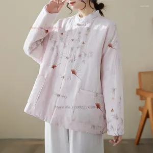 Etniska kläder 2024 National Flower Print Cotton Linen Hanfu Coat Chinese Vintage Cotton Padded Jacket Retro Tang Suit Oriental Thicken