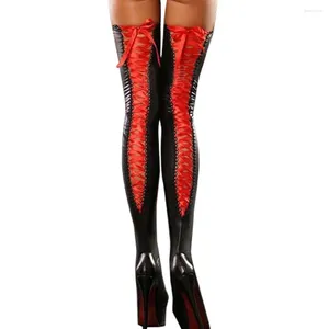 Meias femininas roupa interior feminina sexo meia lingerie sexy bandagem coxa-alta meias de couro laço arco longo látex bodystocking