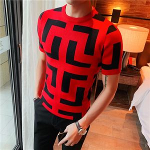 2022 Summer Polo Collar Men's Short sleeved Knitted T-shirt with High Quality Jacquard Pattern Ultra Thin Korean Staff Neck T-shirt 4XL-M 240105