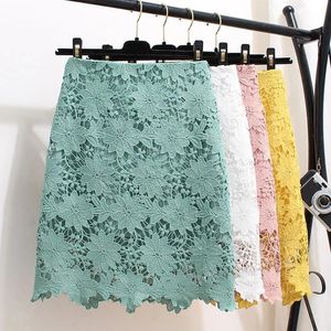 T-Shirt Korean Crochet Hollow Out Lace Skirt Women Elegant Office High Waist Pencil Skirts Black White Green Pink Purple Woman Skirts