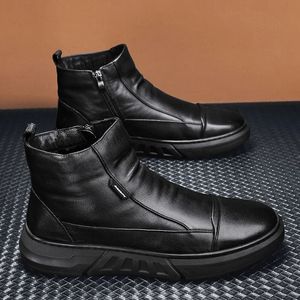 Botas de couro homem preto completo bota de neve casual tornozelo mans sapatos fácil de limpar na moda allmatch leve sapato de inverno 240105