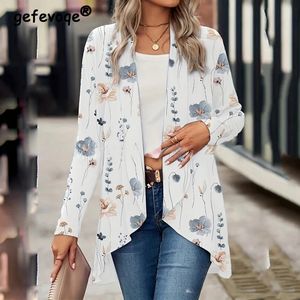 Kadın Giyim Sonbahar Vintage Çiçek Baskı Zarif Haltan Ceketler Bayanlar Uzun Kollu Gevşek Tunik Üstleri Düzensiz Dış Giyim Coat 240104