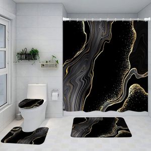 アブストラクトマーブルシャワーカーテンセットゴールドラインブラックグレーパターンモダンラグジュアリーホームバスルームの装飾非スライップラグトイレの蓋カバー240105