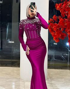 Vestidos de noite roxo festa baile vestido personalizado zíper rendas até plus size sereia trompete elástico cetim nova manga longa frisado lantejoulas alto pescoço cristal