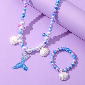 Necklace Girl Children Pearl Bracelet Ring Ear Clip Purple Beauty Fishtail Set