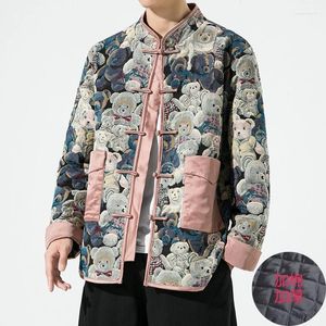 Ethnic Clothing Chinese Style Men's Cotton Bear Jacquard Jackets Traditional Hanfu Padded Jacket Vintage Button Patchwork