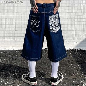 Mäns shorts Hip Hop Pockets Brodery Letter Print Jeans Shorts For Men Summer Retro Overdimate Wide Leg Denim Kne Lenght Pants T240105