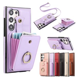 Shoulder Ring Holder Phone Case for iPhone 15 14 13 Pro Max Samsung Galaxy S24 S23 S22 Ultra A14 5G A13 A33 A34 A53 A54 A24 A25 A15 Multiple Card Slots Leather Wallet Shell