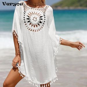 Vestido de praia cobrir para mulheres de malha suower beach wear sólida franja túnica senhoras branco maiô coverups bikini camisa vestido
