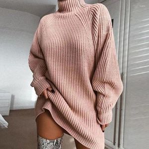 Kadın Sweaters Kaplumbağa Boyun Jumper Elbise - Uzun Kollu Pembe Örgü Sweater İnce Fit Örgü Külkü