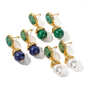 Kolczyki Dangle Allme Vintage kolorowy kamień naturalny Lapis Malachite Pearl Drop For Women 18K Real Gold Gold Brass Long Earring