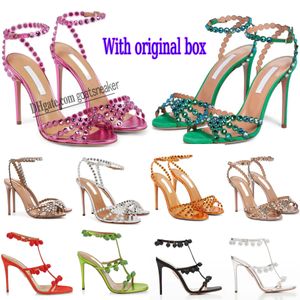 Mit Box Aquazzura Sandalen Strass Dekoration Designer High Heels Hochzeitsschuhe sexy Knöchelriemen echte Ledersohle Sandale Kristall Stiletto-Absatz Damenschuhe