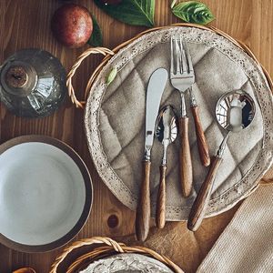 4/12/16/24Pcs Wooden Handle Luxury Dining Table Knife Spoon and Fork Stainless Steel Cutlery Silverware Set Tableware Flatware 240105