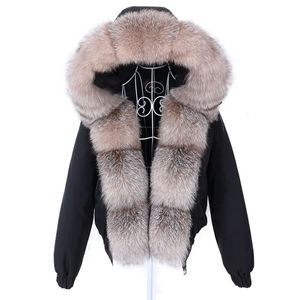 Maomaokong Fashion Short Womens Real Fox Fux Fur Coat Natural Big Raccoon Fur Collar Winter Parka Bomber Jacket Waterproof 240105