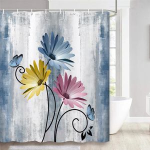 Teal Large Daisy Floral and Butterfly Shower Curtain Turquoise Bathroom Waterproof Decoration With Hooks 240105