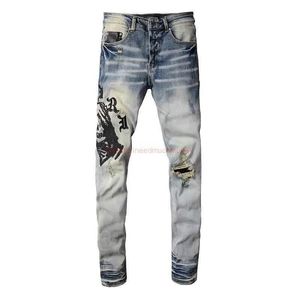 Dżinsowe odzież Amires Jeans Denim Pants High Street Amas Fashion Brand 882 Niebieski goryl haft haftowy