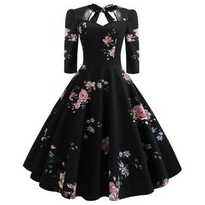 Vestidos florais meia manga vintage vestido feminino sexy querida pescoço pin up swing bowknot vestidos festa de noite rockabilly retro vestidos