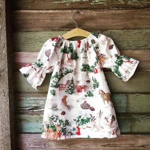 Dresses Christmas Dresses for Girls Boutique Baby Clothing Tree Reindeer Printed Flower Girl Dress Ruffle Sleeve Kids Dress Baby Girls Clo