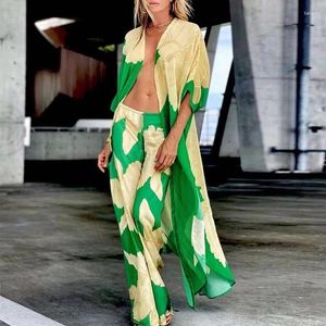 Women's Two Piece Pants Fashion Loose Sunscreen Shirt Print Bohemian Suits Casual Chiffon Long Outfits Summer Beach Holiday Women Set