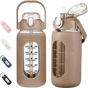64Oz Glass Water Bottles With Straw Glass Bottle With Silicone Sleeve And Time Marker For Gym Home Office 240104