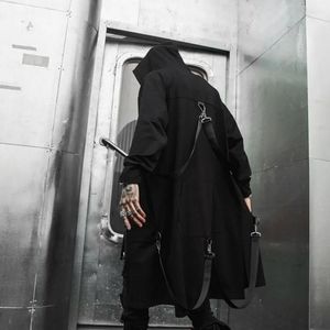 Kurtki wiosna jesień mężczyzn wstążki Patcha Punk Hip Hop Long Trench płaszcz z kapturem Mężczyźni Mężczyźni Czarna Zipper TechWear Long Jacket Oncoat