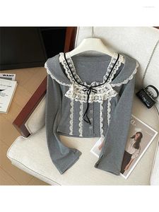 Women's T Shirts Women Grey T-shirt 90-talets koreanska Y2K Tee Top Harajuku Vintage Aesthetic Fashion Long Sleeve Kawaii Lace 2000s kläder 2024