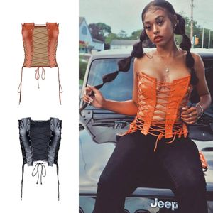 Camis Cool Street Style Sexy Cutout Laceup Fishbone Faux Leather Tunic Top Women Sleeveless Cutout Sexy LaceUp Fishbone Tunic Top