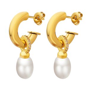 Ladies Exquisite Earrings Baroque Pearl Imitation C-Shaped Earrings Stainless Steel Plated 18k Gold Fashion Jewelry Gift Pair