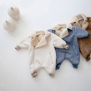 Korean Style Baby Romper Winter Warm Thickened Overcoat Children Boys Outdoor Clothing Suede Handsome Jumpsuit Kids Clothes 240104