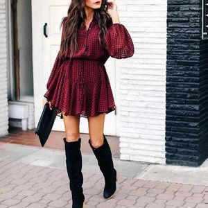 Casual Dresses Women Ruffles Elegant Party Vintage A-Line Mini Beach 2024 Holiday Office Plaid Lantern Sleeve Shirt Dress Female