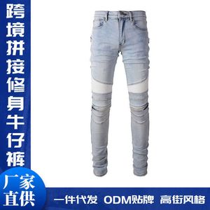 pantaloni da uomo firmati jeans viola versione coreana patchwork slim fit moto high street dimagrante etichetta di moda elastica tagliata e indossata denim mendicante per uomo