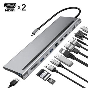 12in1 Type-c Docking Station to Dual HDMI*2 VGA Audio 3.5mm TF SD Reader RJ45 Ethernet PD Charge USB-C HUB for Laptop Phone Tab 240104