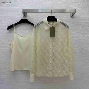 designer shirt women clothing ladies Fashion Lapel mesh perspective long sleeved shirt+solid color sling bottoming vest upper garment Jan 05