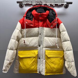 Designer para baixo jaqueta resistente bordado logotipo retalhos cor bolso design outono e inverno solto casaco com capuz quente para homens e mulheres