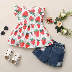 Conjuntos de roupas 2-5 anos de idade princesa linda morango padrão top denim shorts 2024 verão fruta estilo tema terno crianças