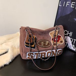 outlet women bag 3 colors winter popular large capacity plush tote bag simple and versatile solid color leather backpack cute cartoon patch fashion handbag 3801#