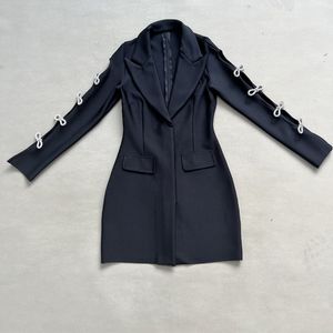 10008 XL 2024 Sukienka Milan Runway Spring Lapel Neck Długie rękaw nad kolanami czarna marka tego samego stylu sukienka damska moda Wysokiej jakości mengming