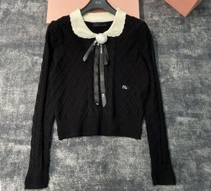 (Maglia da donna, magliette, maglione a quadri con diamanti, nastro floreale, collo a bambola, pullover in maglia