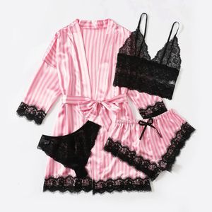 Damen-Nachtwäsche, 4-teilig, floraler Spitzenbesatz, Satin-Pyjama-Set mit Robe, sexy Pyjama aus Kunstseide, Robe-Sets, lässige Heimkleidung, Nachtwäsche 240105